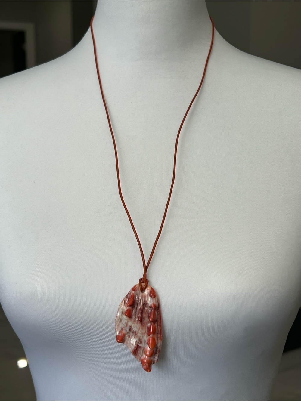 Boho Southwestern Red Orange Spiny Oyster Shell Cord Necklace